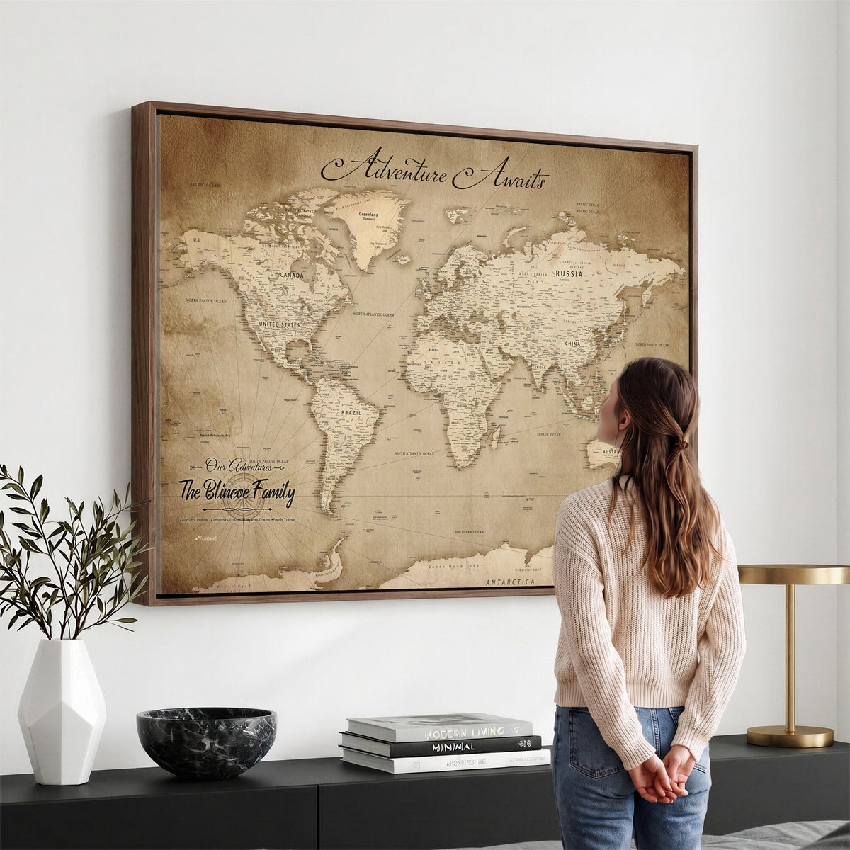 Personalized Black Modern Push Pin World Map Wall Art, Places Visited Tracker, Family Room and Bedroom Decor