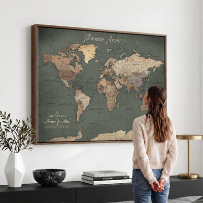 Personalized Framed Beige Modern World Map Canvas with Push Pins, Bucket List Map, Family Room and Dining Room Decor