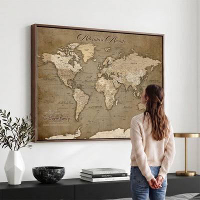 Custom Beige Modern Push Pin World Map Canvas Print, Family Travel Tracker, Dining Room and Home Office Decor