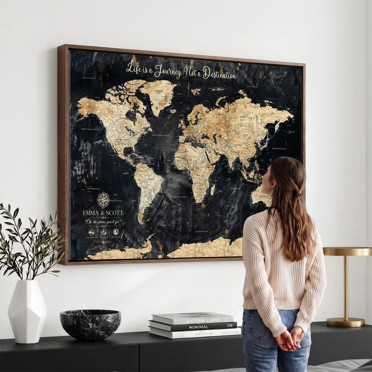 Personalized Framed Navy Modern Push Pin World Map Canvas Print, Couples Countries Visited Map, Family Room and Study Decor