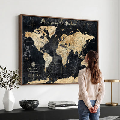Personalized Framed Navy Modern Push Pin World Map Canvas Print, Couples Countries Visited Map, Family Room and Study Decor