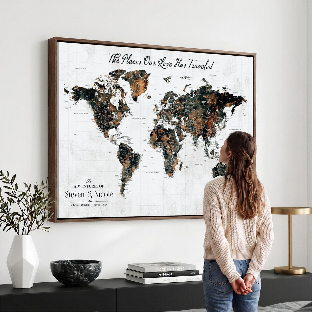 29090064-MGV-CV-36X24 - Custom Push Pin World Map Wall Art Canvas Print | Personalized Travel Tracker with Pins Framed Large for Home and Office Decor
