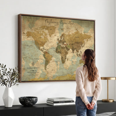 Personalized Navy Push Pin Travel Map Canvas Print, Couples Countries Visited Map, Living Room and Dining Room Decor