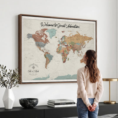 Custom Beige Push Pin World Map Canvas Print, Bucket List Map, Dining Room and Home Office Decor