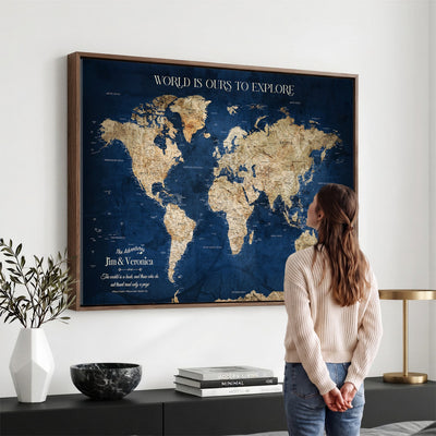 35296308-MGV-CV-36X24 - Custom Push Pin World Map Wall Art Canvas Print | Personalized Travel Tracker with Pins Framed Large for Home and Office Decor