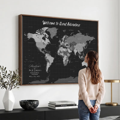 Custom Framed Navy Vintage World Map Canvas with Push Pins, Next Trip Planner Map, Entryway and Hallway Decor