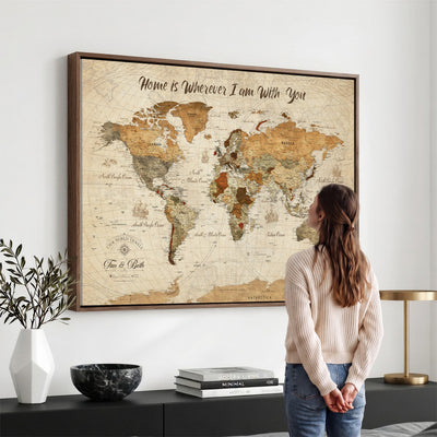 Personalized Framed Black Modern Push Pin World Map Wall Art, Couples Countries Visited Map, Dining Room and Hallway Decor