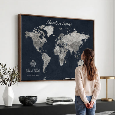 Personalized Framed Beige Vintage Push Pin World Map Wall Art, Bucket List Map, Study and Hallway Decor