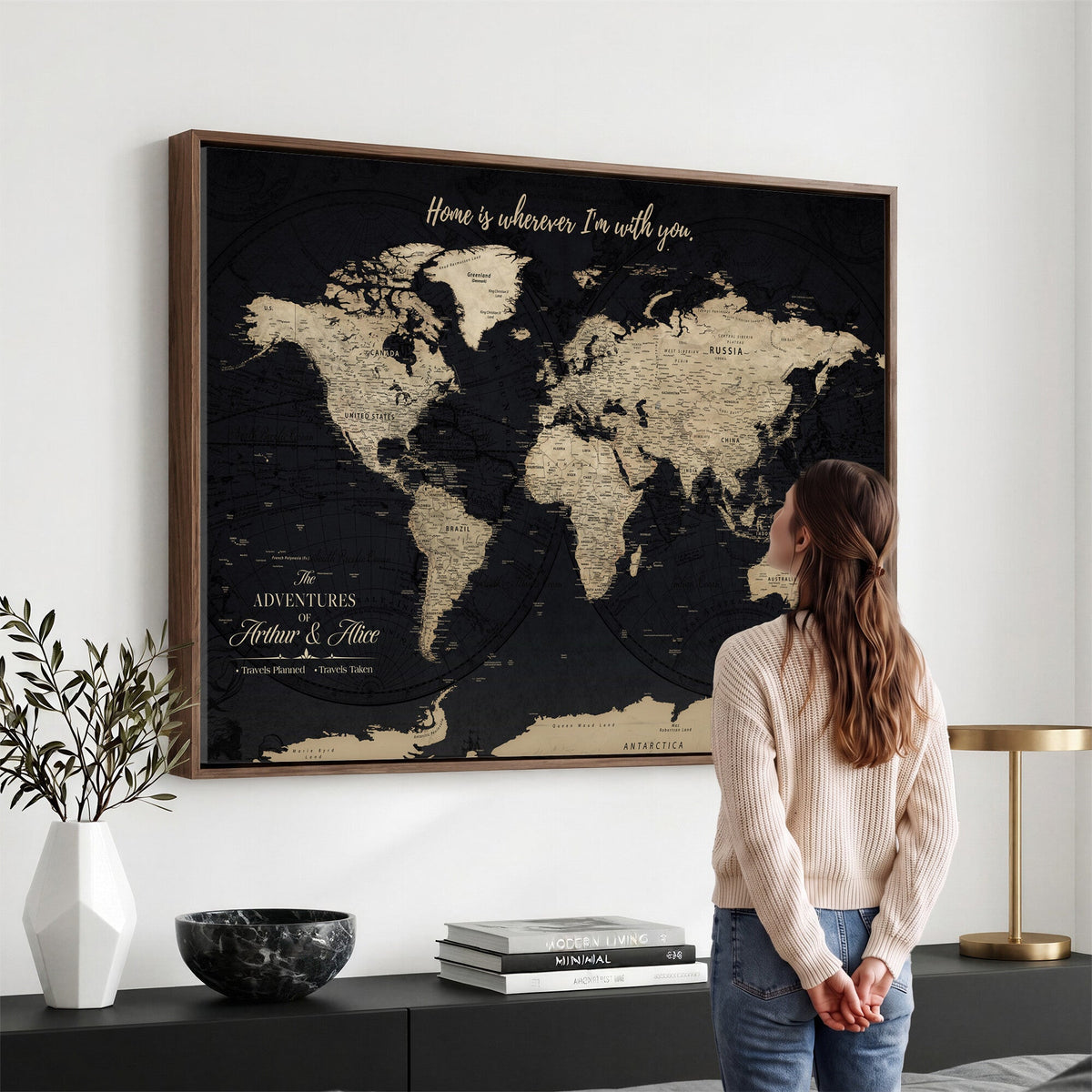 Personalized Framed Beige Modern Push Pin World Map Canvas Print, Places Visited Tracker, Family Room and Bedroom Decor
