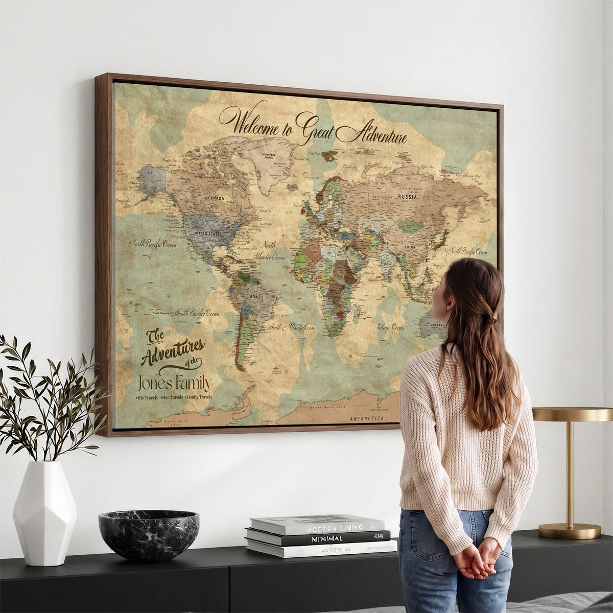 Personalized Framed Navy Vintage Push Pin World Map Wall Art, Places Visited Tracker, Bedroom and Hallway Decor