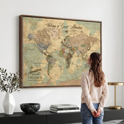 Personalized Framed Navy Vintage Push Pin World Map Wall Art, Places Visited Tracker, Bedroom and Hallway Decor