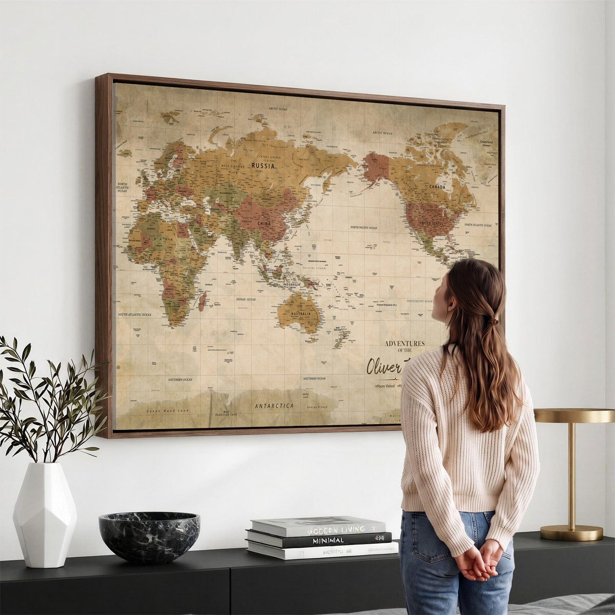 Personalized Framed Navy Modern World Map Canvas with Push Pins, Bucket List Map, Living Room and Entryway Decor
