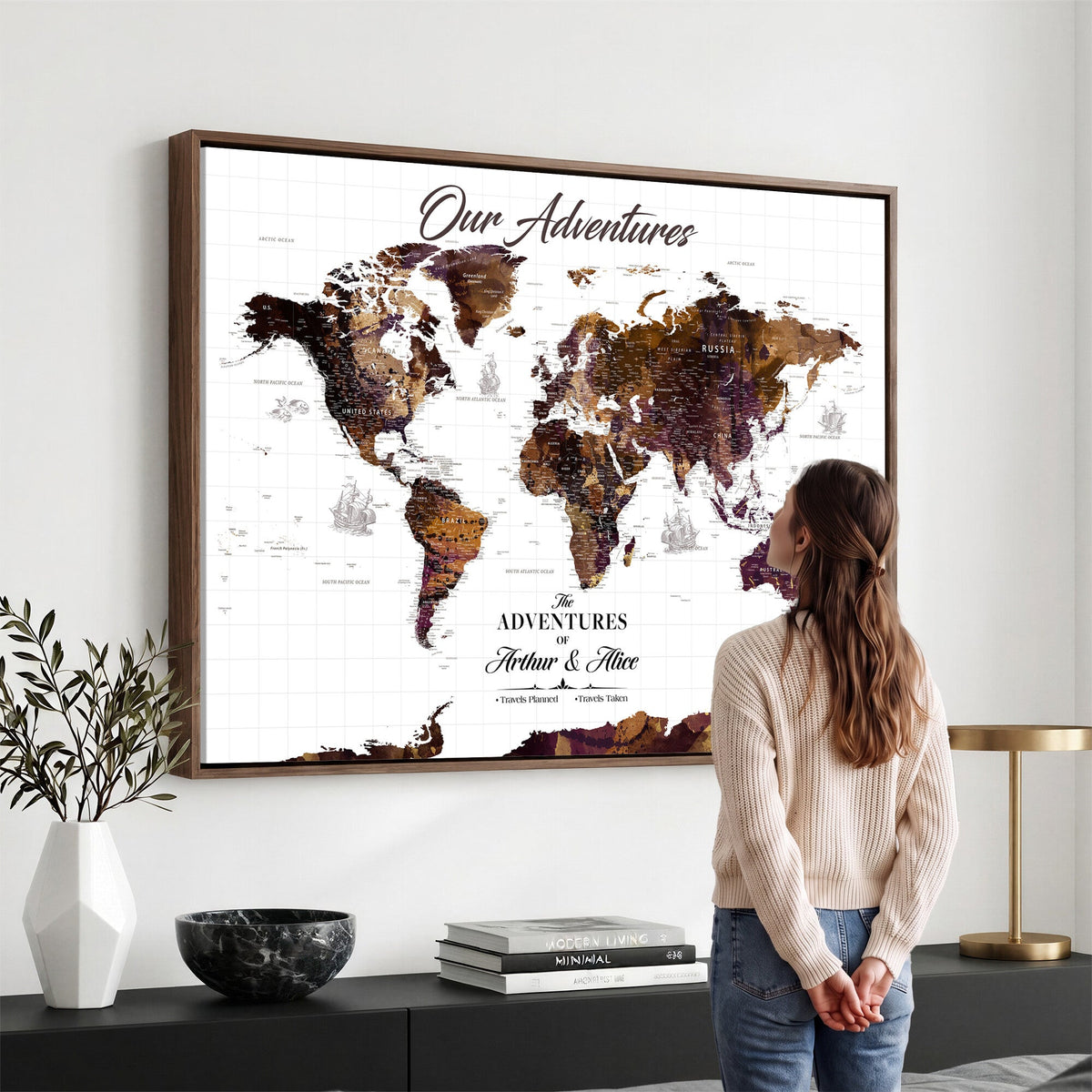 Personalized Framed Beige Vintage Push Pin Travel Map Canvas Print, Next Trip Planner Map, Home Office and Entryway Decor
