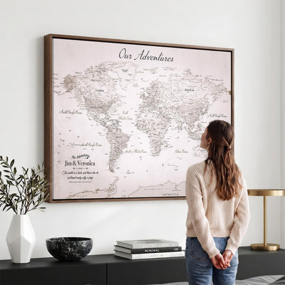 Personalized Beige Vintage World Travel Map Wall Art with Pins, Honeymoon and Anniversary Gift, Entryway and Hallway Decor