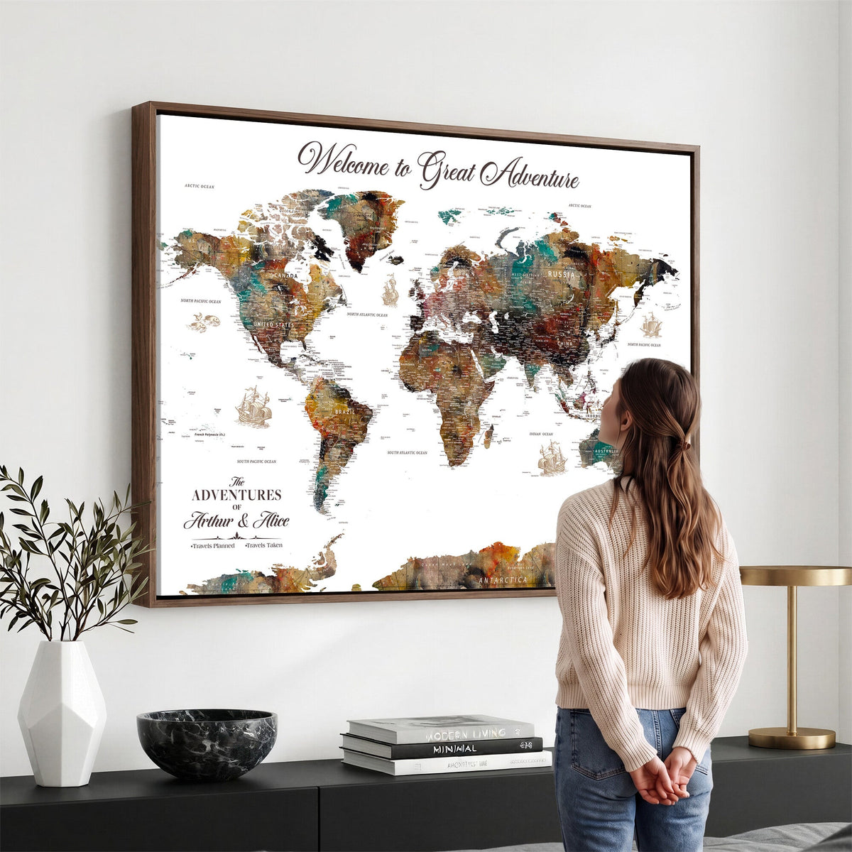 Custom Framed Beige Modern Push Pin World Map Wall Art, Couples Countries Visited Map, Study and Entryway Decor