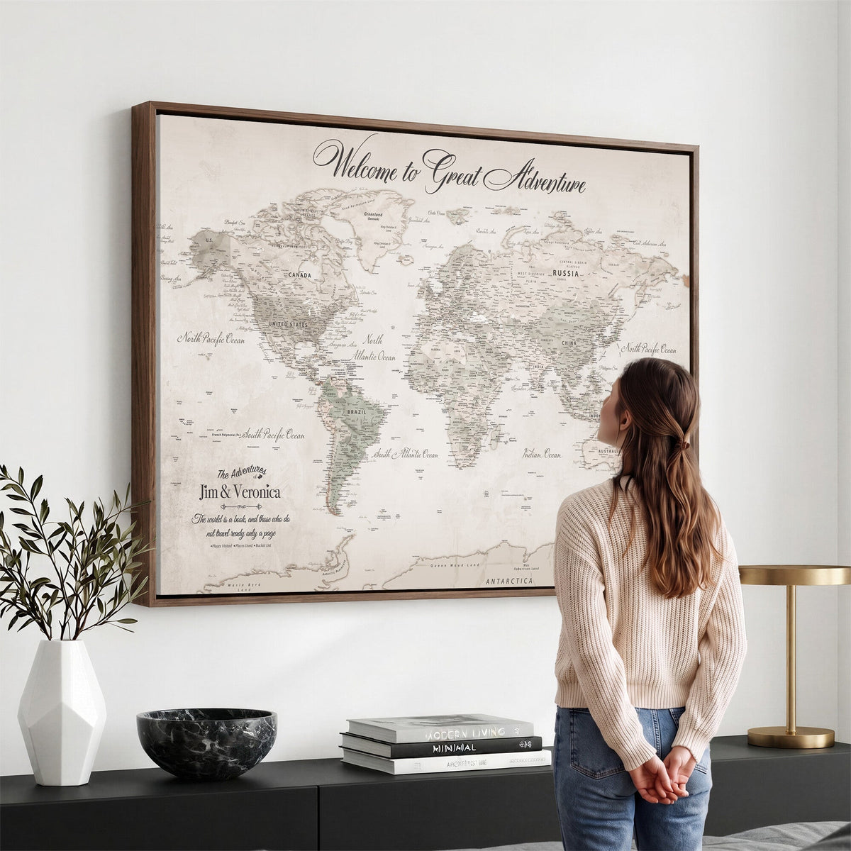 84311132-MGV-CV-36X24 - Personalized Beige World Map Canvas with Push Pins, Places Visited Tracker, Family Room and Entryway Decor