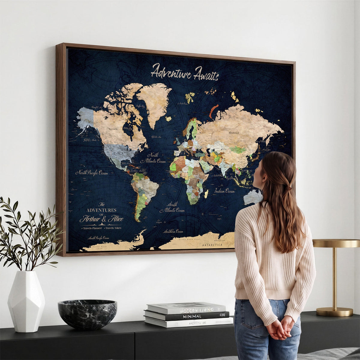 Personalized Beige Antique Push Pin Travel Map Canvas Print, Bucket List Map, Dining Room and Entryway Decor