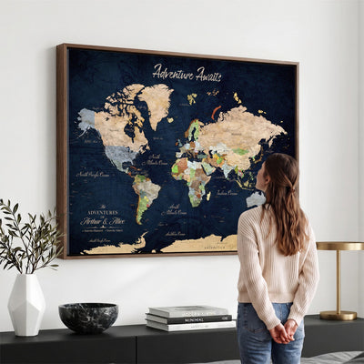 Personalized Beige Antique Push Pin Travel Map Canvas Print, Bucket List Map, Dining Room and Entryway Decor