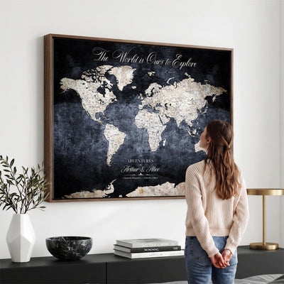 Personalized Beige Modern Push Pin Travel Map Canvas Print, Places Visited Tracker, Study and Entryway Decor