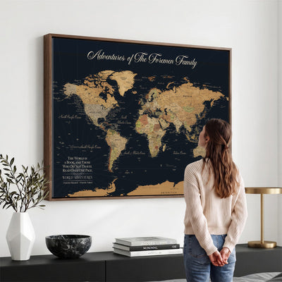 Personalized White Minimalist World Travel Map Wall Art with Pins, Places Visited Tracker, Entryway and Hallway Decor