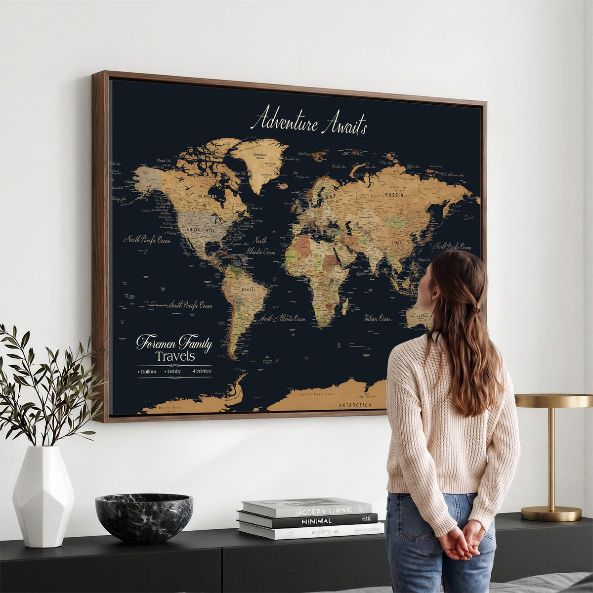 Personalized Framed Beige Geometric Family Push Pin World Map Canvas Print, Next Trip Planner Map, Family Room and Entryway Decor
