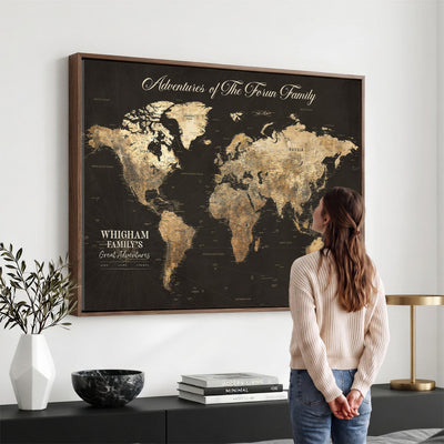 Personalized Framed Beige World Travel Map Wall Art with Pins, Couples Countries Visited Map, Family Room and Dining Room Decor