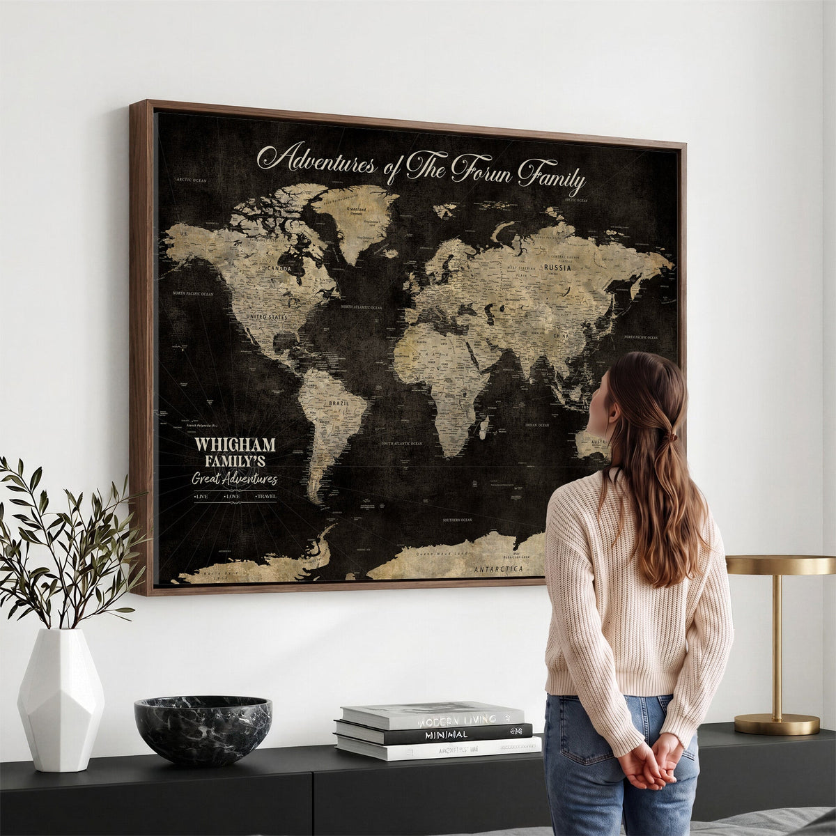 Personalized Framed Black Modern World Map Canvas with Push Pins, Next Trip Planner Map, Dining Room and Home Office Decor