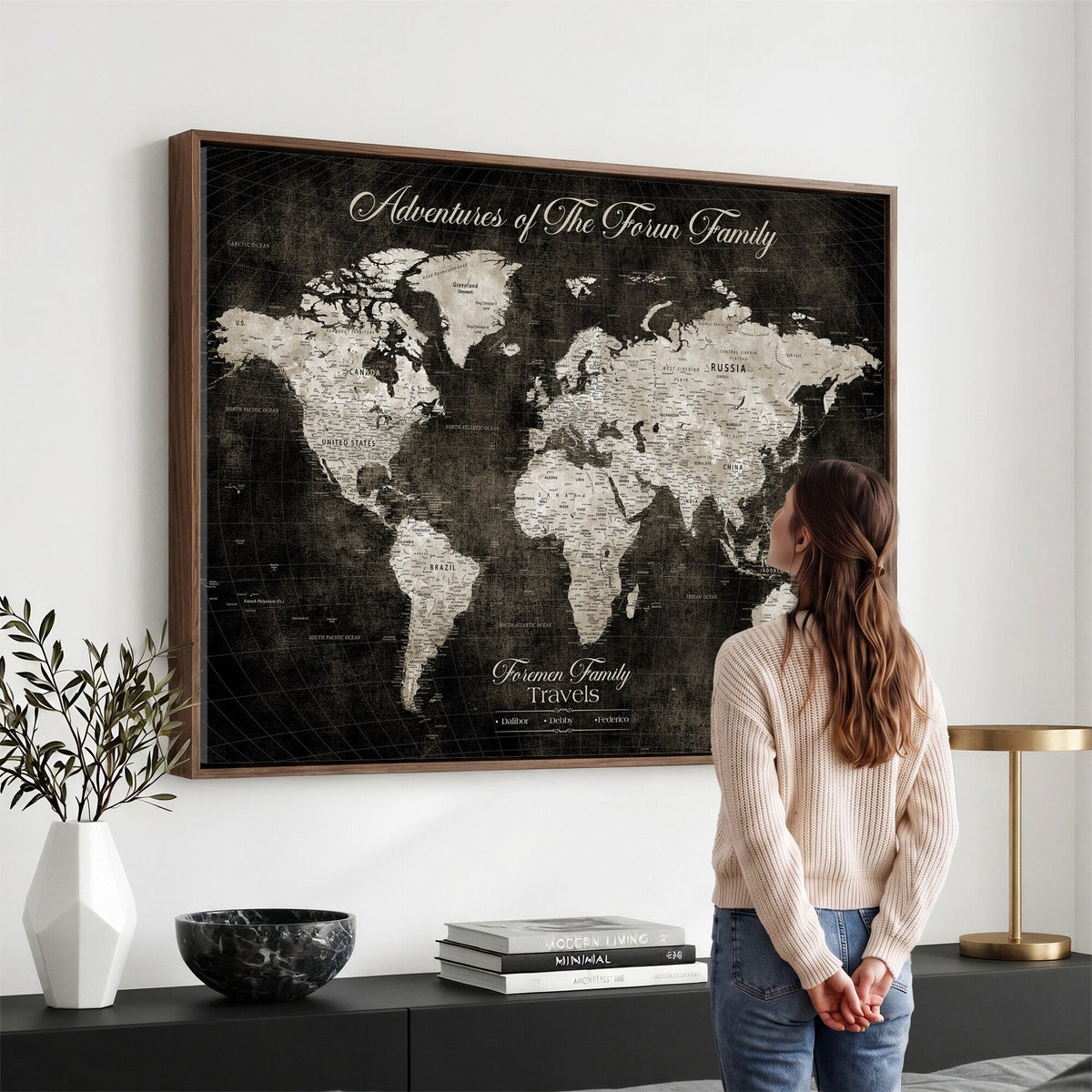Personalized Framed Beige Push Pin World Map Canvas Print, Couples Countries Visited Map, Dining Room and Study Decor