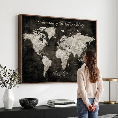 Personalized Framed Beige Push Pin World Map Canvas Print, Couples Countries Visited Map, Dining Room and Study Decor