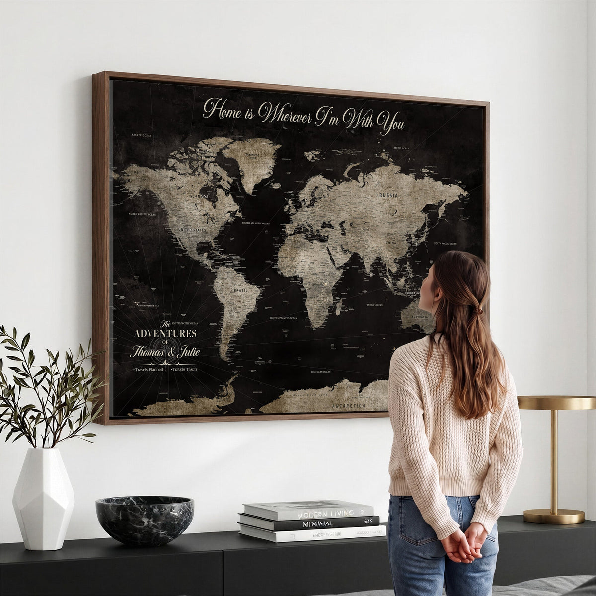 Personalized Framed Black Geometric World Map Canvas with Push Pins, Bucket List Map, Living Room and Dining Room Decor