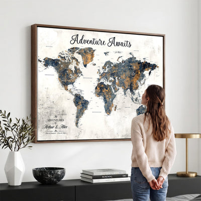 Custom Framed Beige Geometric World Travel Map Wall Art with Pins, Places Visited Tracker, Family Room and Home Office Decor