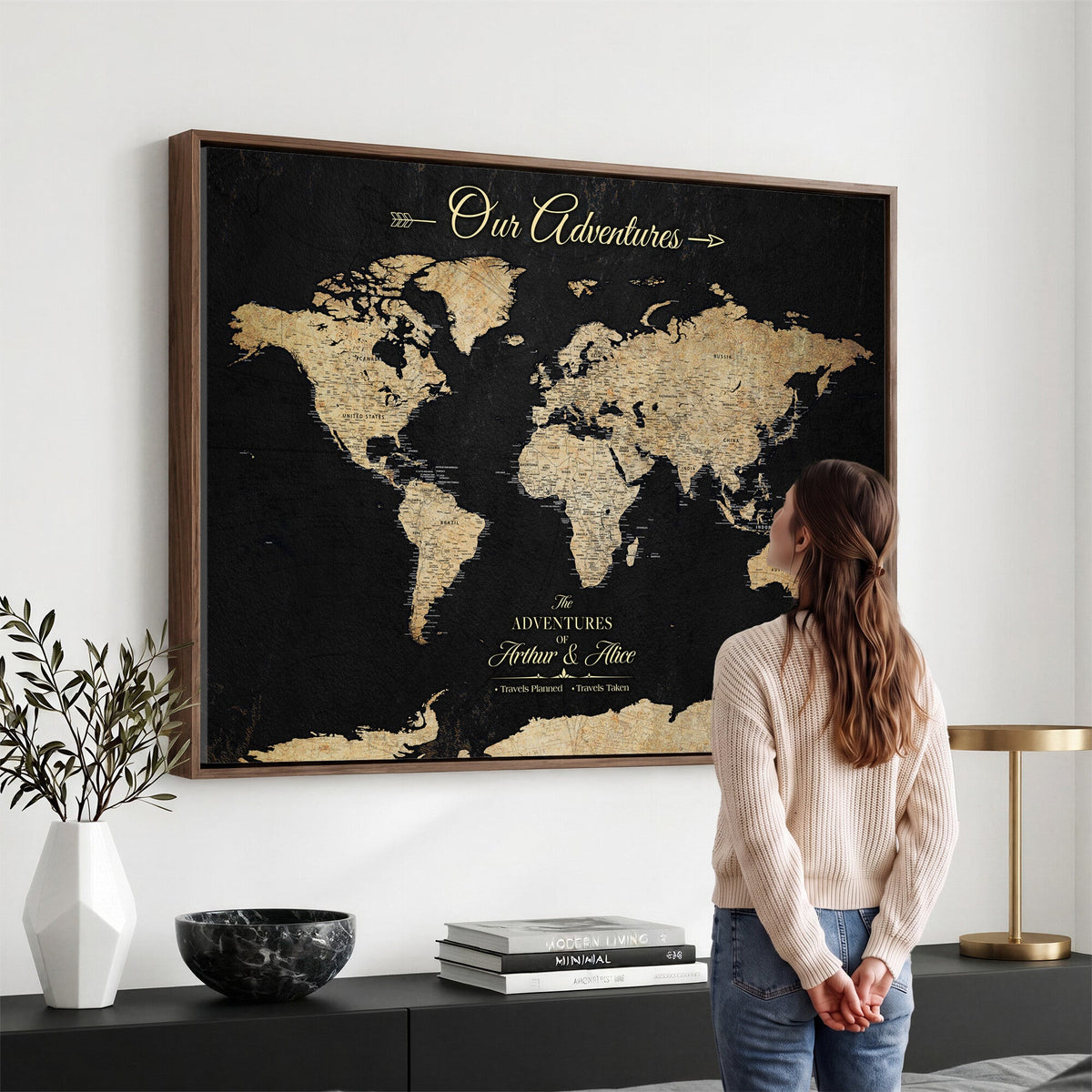 Personalized Framed Beige Push Pin World Map Canvas Print, Family Travel Tracker, Bedroom and Home Office Decor