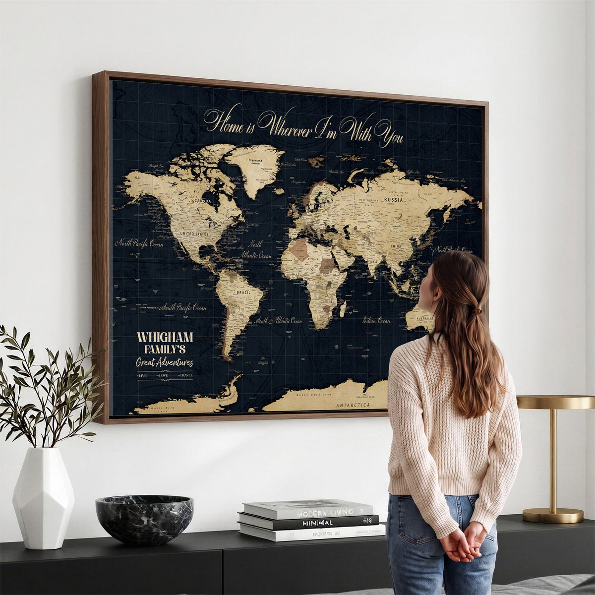 Personalized Framed Beige Geometric Push Pin World Map Wall Art, Couples Countries Visited Map, Bedroom and Hallway Decor
