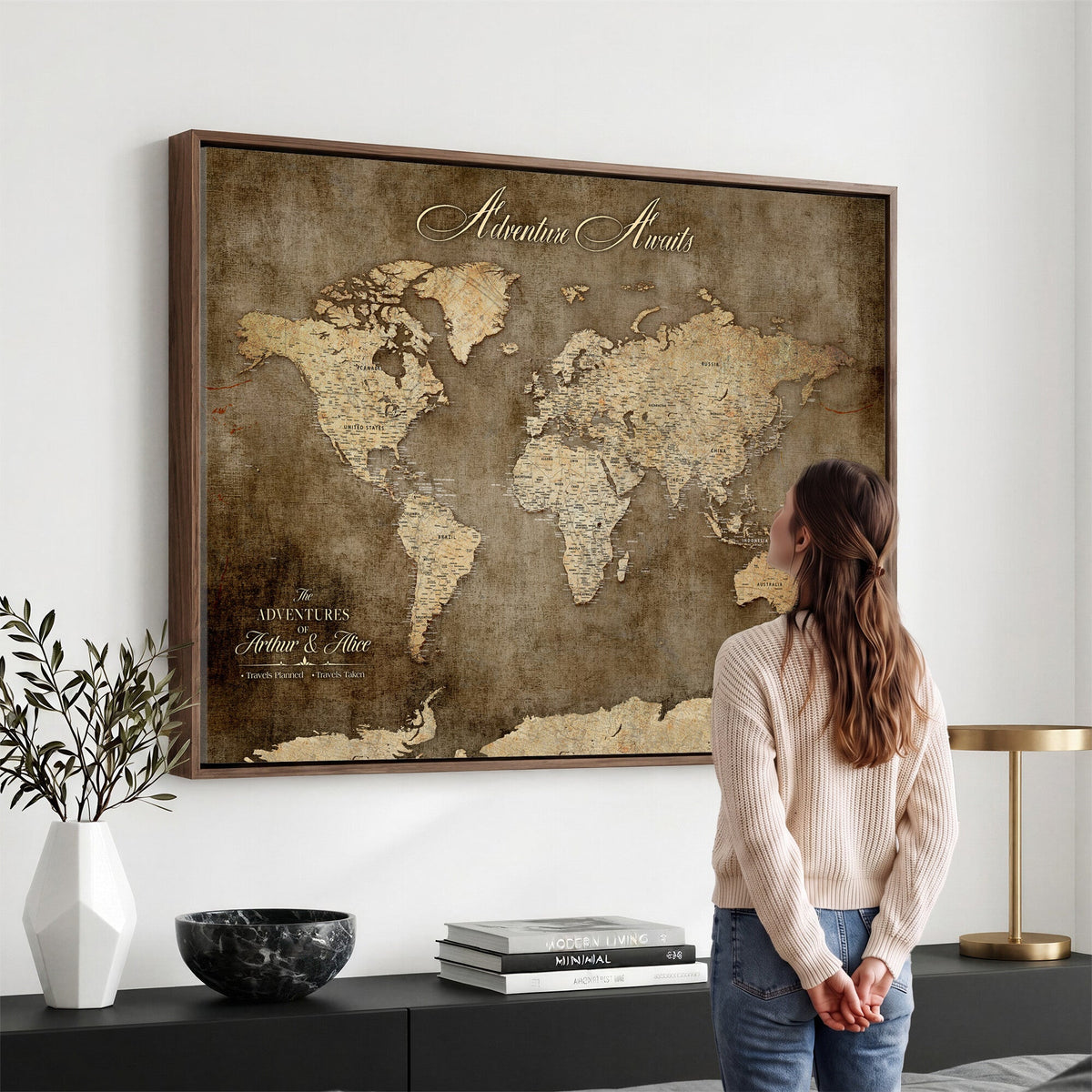 Personalized Framed Beige Push Pin Travel Map Canvas Print, Bucket List Map, Bedroom and Study Decor
