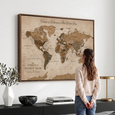 Personalized Framed Beige World Map Canvas with Push Pins, Honeymoon and Anniversary Gift, Living Room and Hallway Decor
