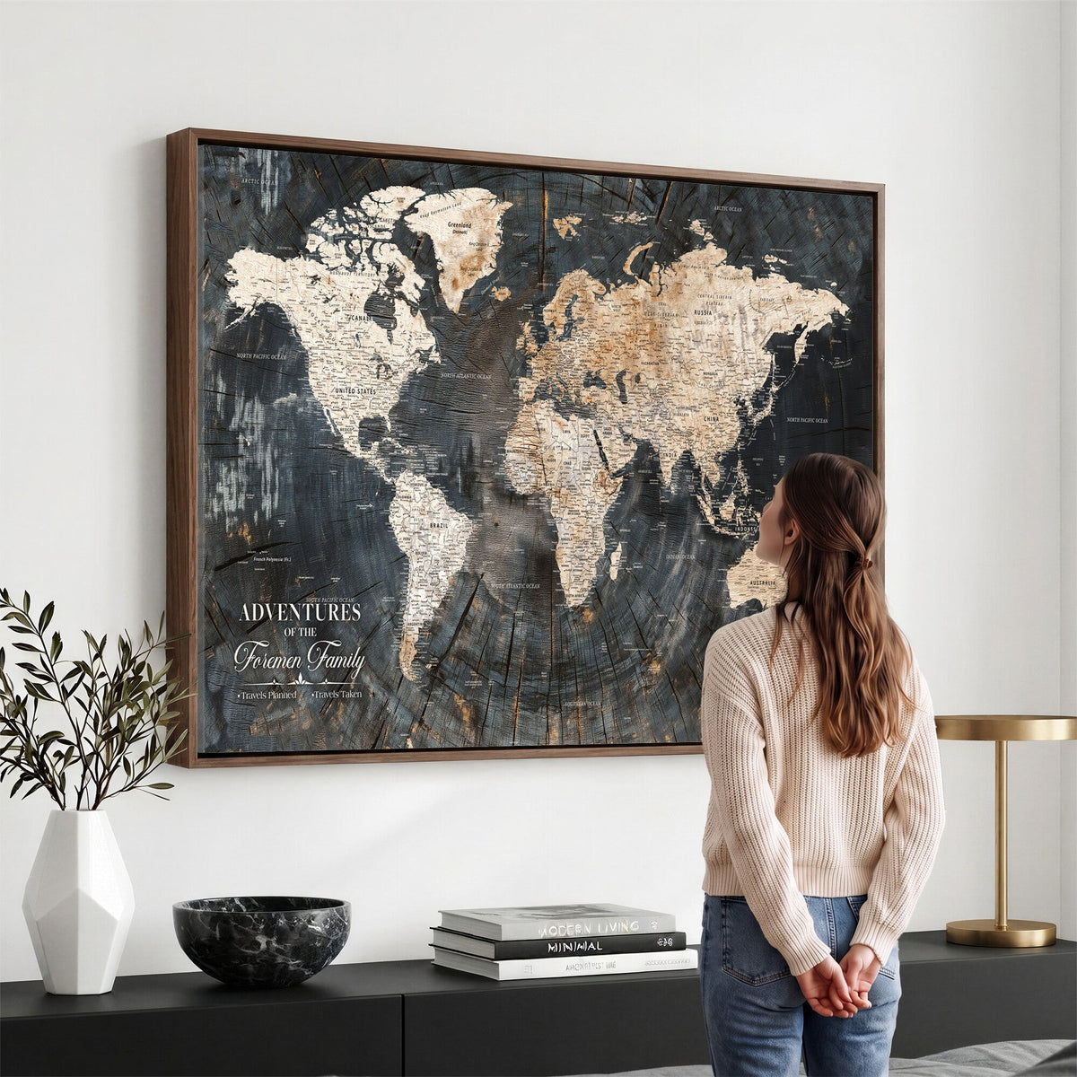 Personalized Framed Beige Push Pin World Map Canvas Print, Bucket List Map, Living Room and Hallway Decor
