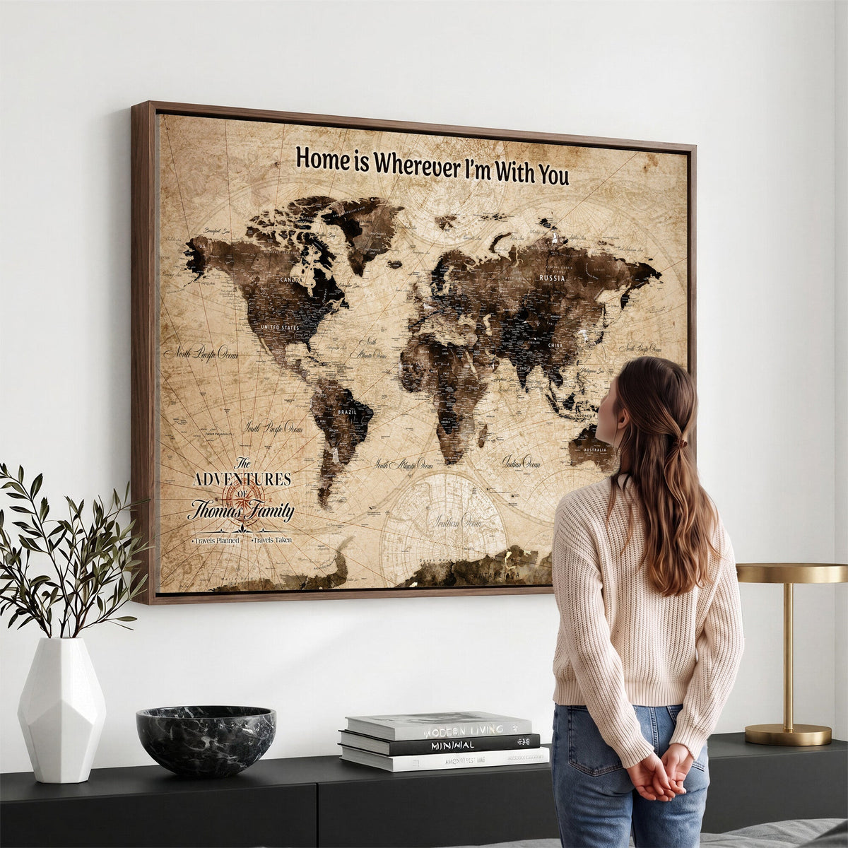 Personalized Framed Beige Modern World Travel Map Wall Art with Pins, Family Adventure Map, Living Room and Hallway Decor