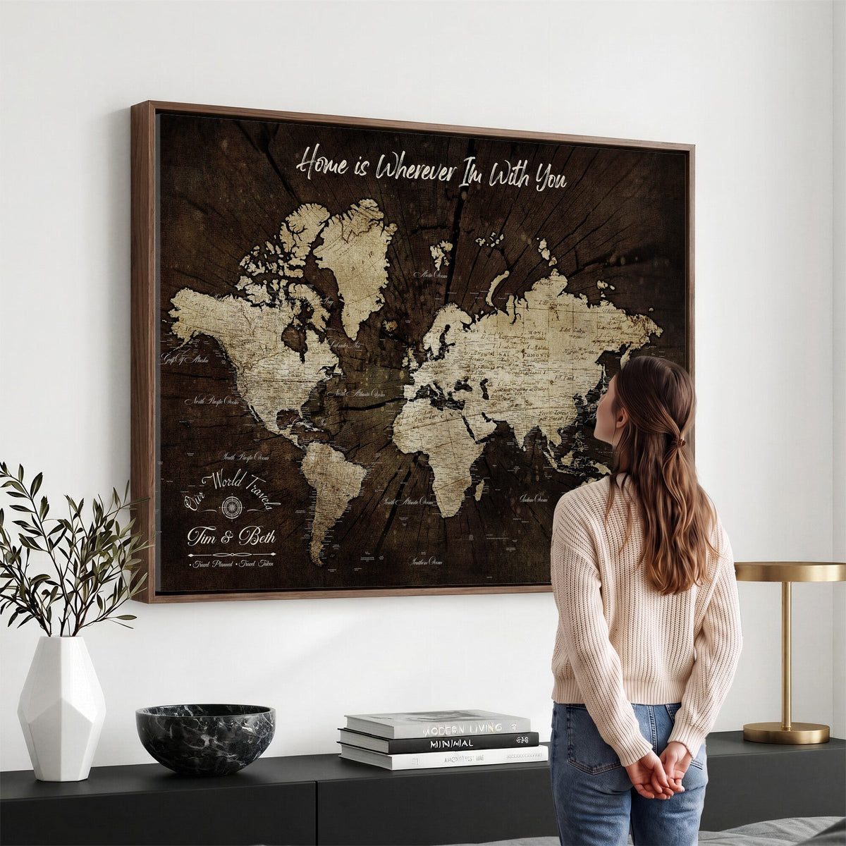 Personalized Watercolor Push Pin World Map Canvas Wall Art, Custom Framed Travel Map - NEWMAP-094
