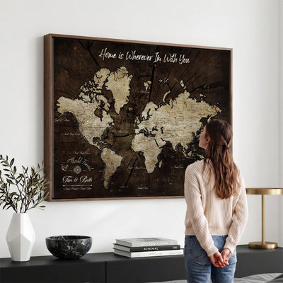 Personalized Watercolor Push Pin World Map Canvas Wall Art, Custom Framed Travel Map - NEWMAP-094