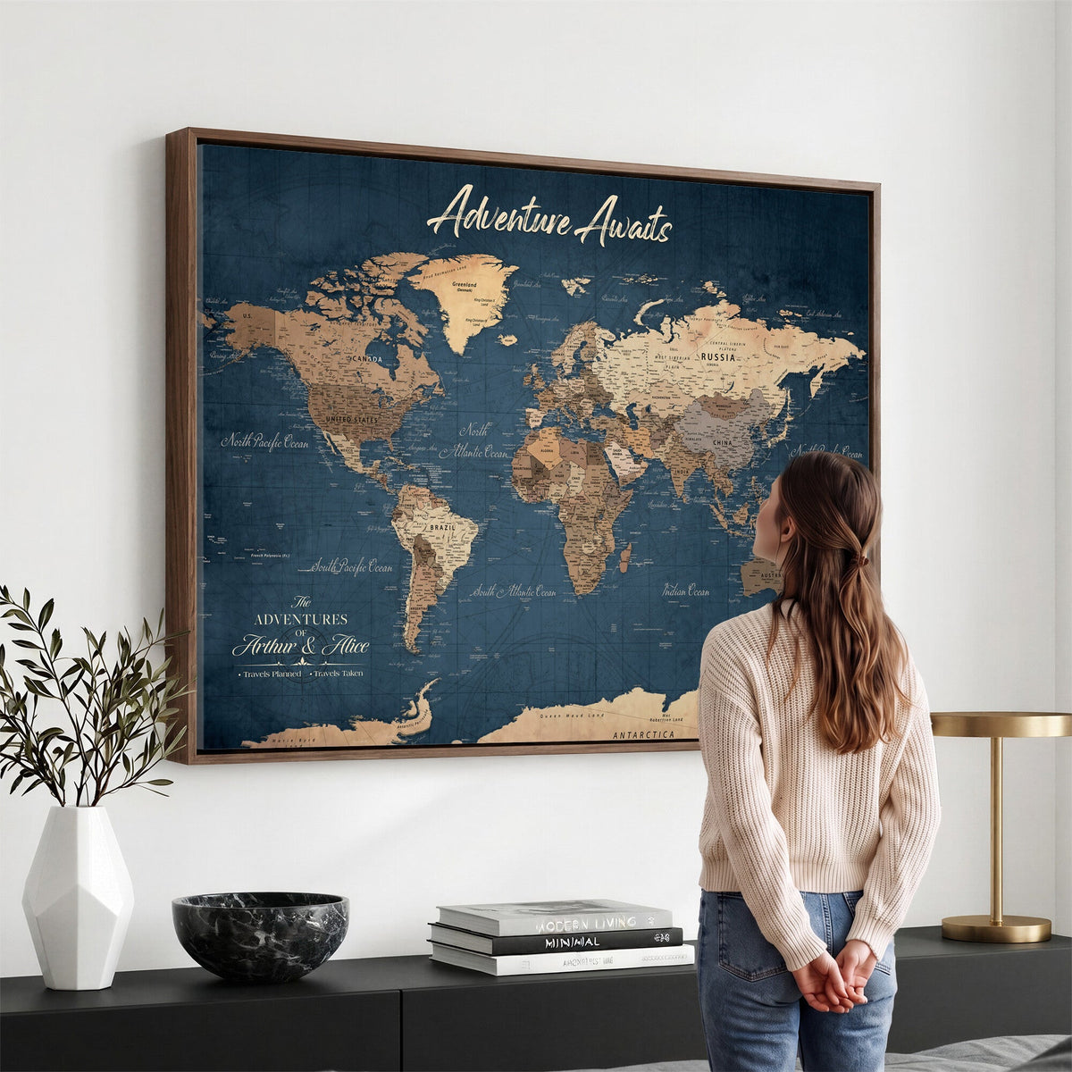Personalized White Vintage World Travel Map Wall Art with Pins, Next Trip Planner Map, Family Room and Dining Room Decor