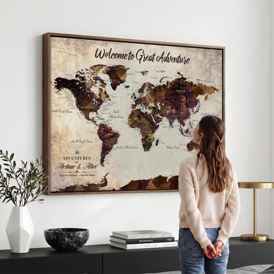 64110391126-MGV-CV-36X24 - Custom Beige World Travel Map Wall Art with Pins, Places Visited Tracker, Family Room and Entryway Decor