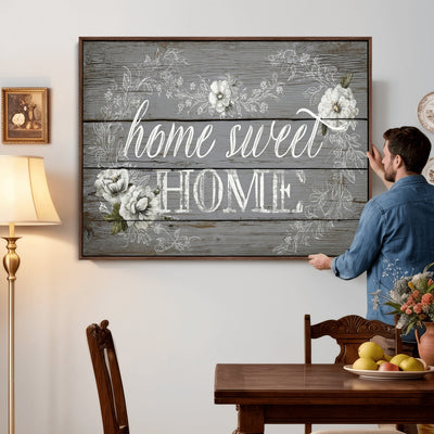 Home Sweet Home Sign Wall Art Canvas Print, Floral Farmhouse Decor