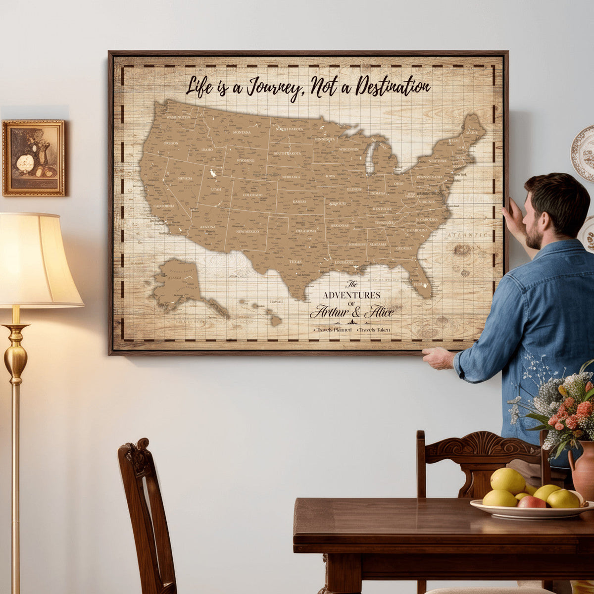 19102499-MGV-CV-36X24 - Personalized USA Push Pin Travel Map, Custom United States Map, Push Pin Map, USA Bucket List Map, Anniversary Gift | Couple Travel Map Wall Art