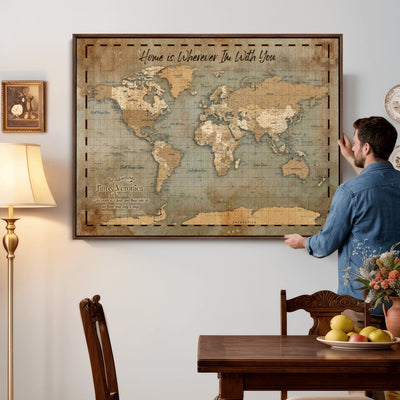 97123877-MGV-CV-36X24 - Vintage Custom Push Pin World Map Print | Vintage Travel Map Canvas, Personalized Names Anniversary Gift, Places Visited Pin Board