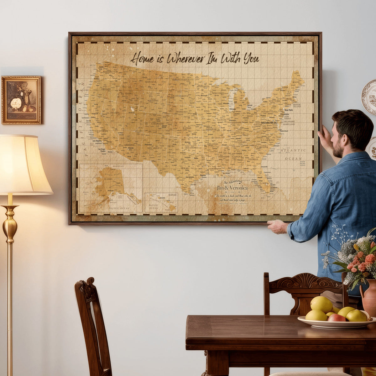 62164711-MGV-CV-36X24 - Personalized USA Push Pin Travel Map, Custom United States Map, Push Pin Map, USA Bucket List Map, Anniversary Gift - Couple Travel Map Wall Art