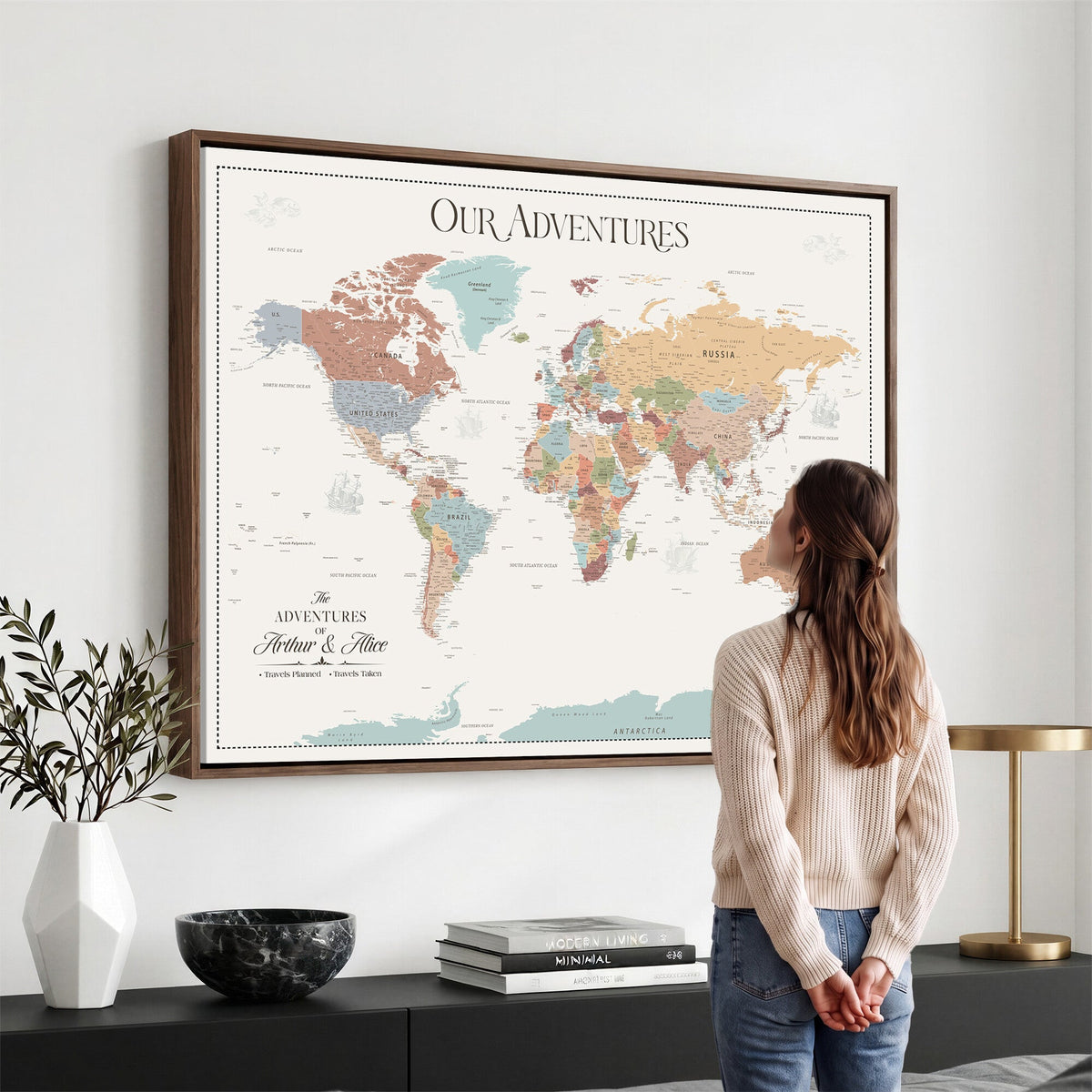 Personalized Framed Navy Push Pin World Map Canvas Print, Next Trip Planner Map, Living Room and Entryway Decor