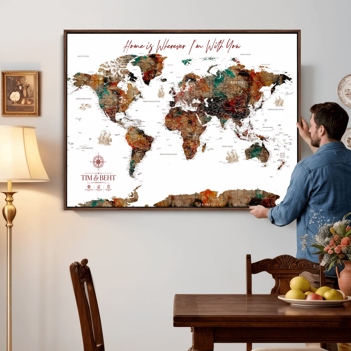 116MESUT-MGV-CV-36X24 - Custom Push Pin World Map Canvas Print | Personalized Travel Map Wall Art