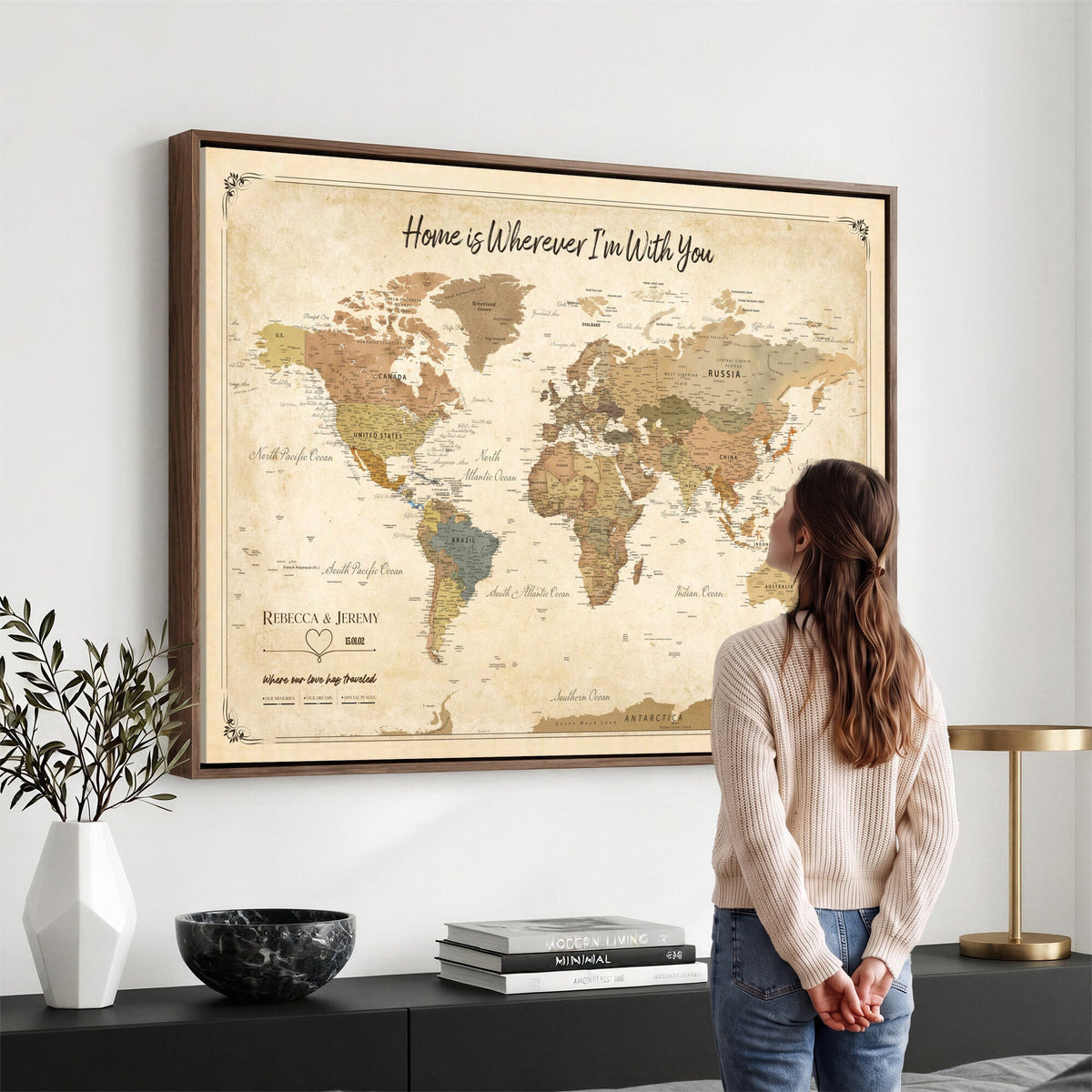 40086165-MGV-TP-30X20 - Framed Vintage Custom Push Pin World Map Canvas Print | Personalized Travel Map Wall Art