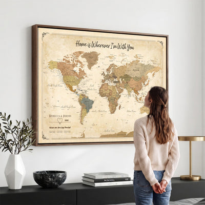40086165SP-MGV-CV-36X24 - Custom Push Pin Travel Map Canvas Print, Cream Personalized Travel Tracker Map, Anniversary Gift, Vintage World Map Wall Art