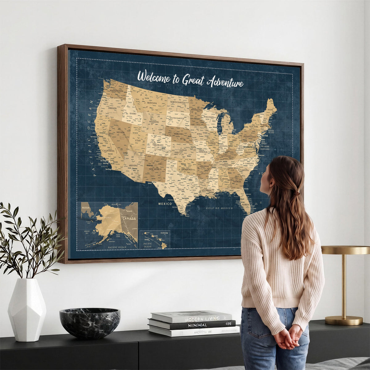 58851035-MGV-CV-36X24 - Custom Cream Push Pin USA Map Canvas Print, 50 State Bucket List Map, Family Room and Hallway Decor